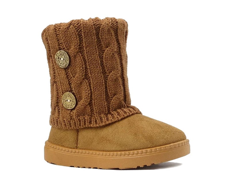 REDVOLUTION Kids Boots Toddler Girls Cute 2 Buttons Faux Fur Suede Knitting Shoe | 285 (Toddler 10, Camel) - Image 1
